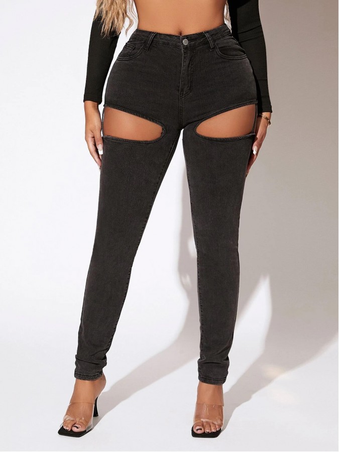 Blugi skinny talie inalta cu decupaje laterale tip portjartier Blugi skinny talie inalta cu decupaje laterale tip portjartier
