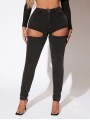 Blugi skinny talie inalta cu decupaje laterale tip portjartier Blugi skinny talie inalta cu decupaje laterale tip portjartier
