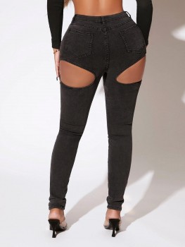 Blugi skinny talie inalta cu decupaje laterale tip portjartier Blugi skinny talie inalta cu decupaje laterale tip portjartier