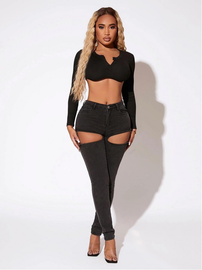 Blugi skinny talie inalta cu decupaje laterale tip portjartier Blugi skinny talie inalta cu decupaje laterale tip portjartier