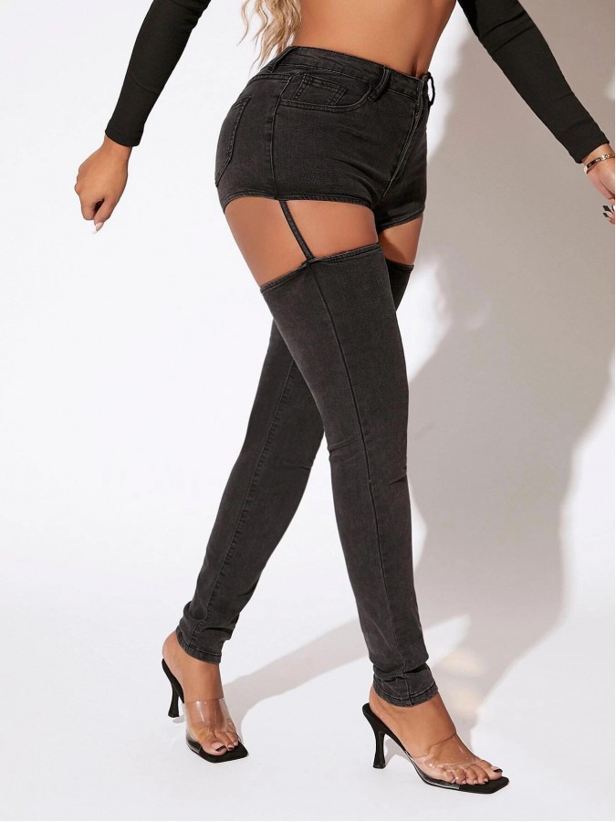 Blugi skinny talie inalta cu decupaje laterale tip portjartier Blugi skinny talie inalta cu decupaje laterale tip portjartier