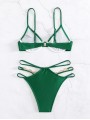 Costum de baie verde doua piese cu decupaje si accesorii aurii Costum de baie verde doua piese cu decupaje si accesorii aurii