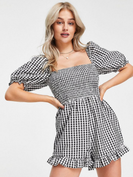 Salopeta in carouri cu maneca bufanta New Look