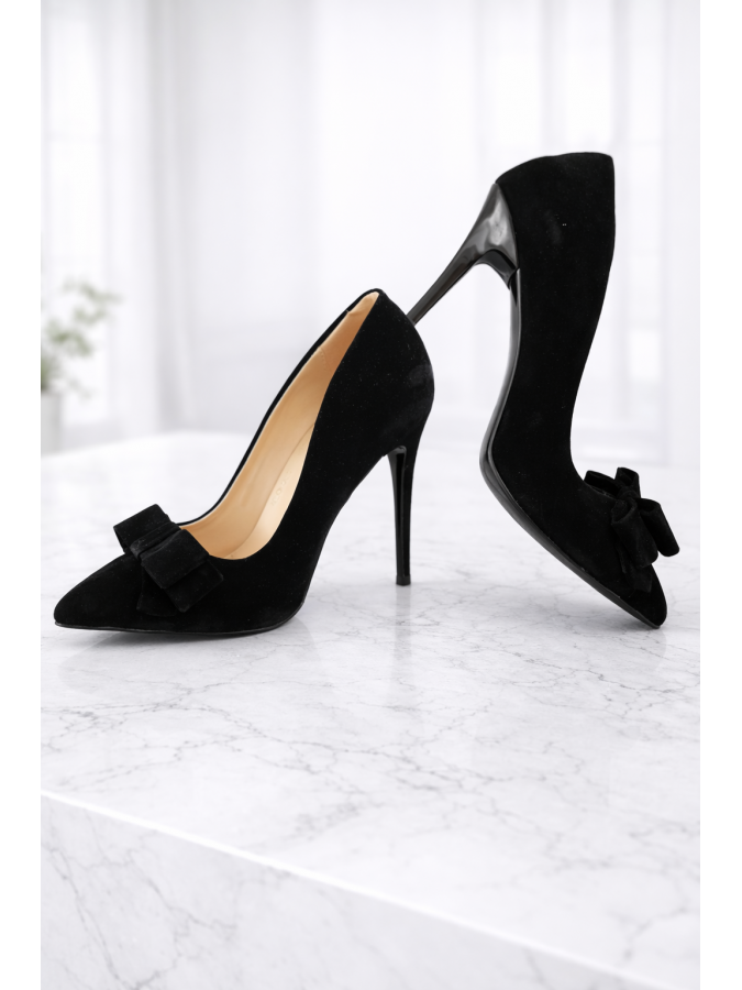 Pantofi stiletto negri cu toc si fundita