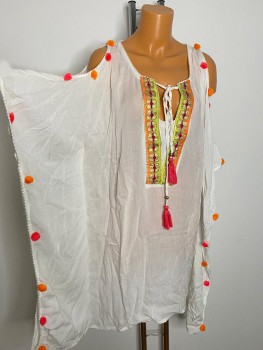 Rochie plaja kaftan cu umeri decupati si pom pom Anmol