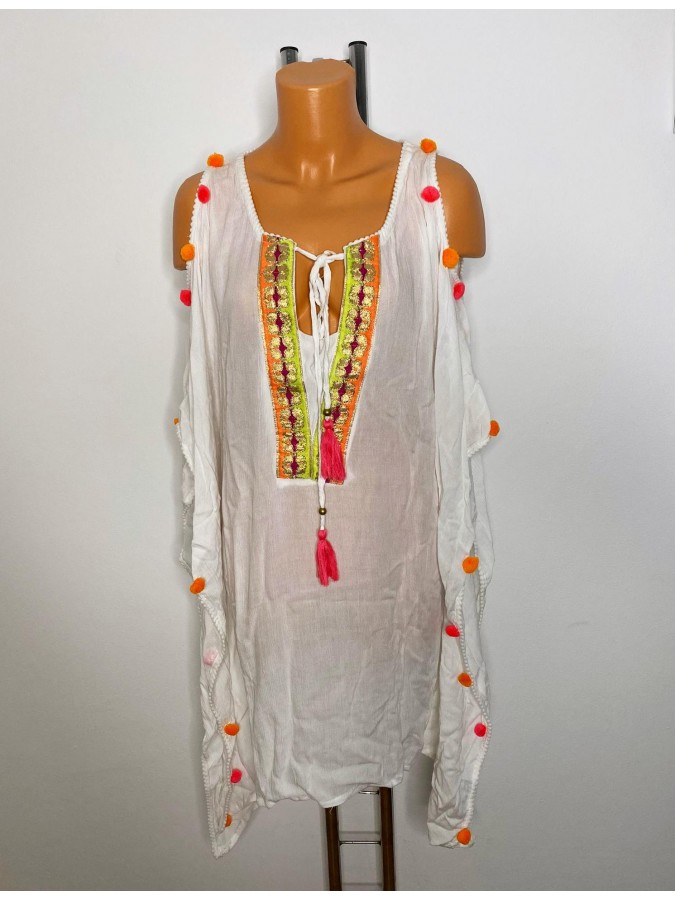 Rochie plaja kaftan cu umeri decupati si pom pom Anmol