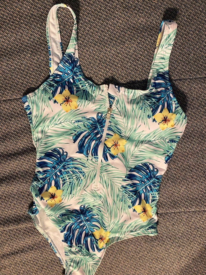 Costum de baie intreg/ body cu fermoar si print tropical