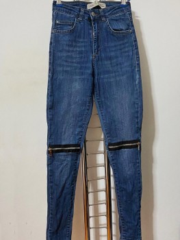 Blugi skinny talie inalta cu fermoare decorative pe genunchi