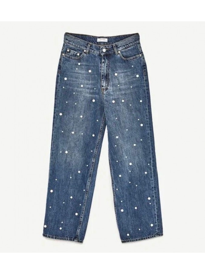 Blugi drepti cu talie inalta si perle Zara