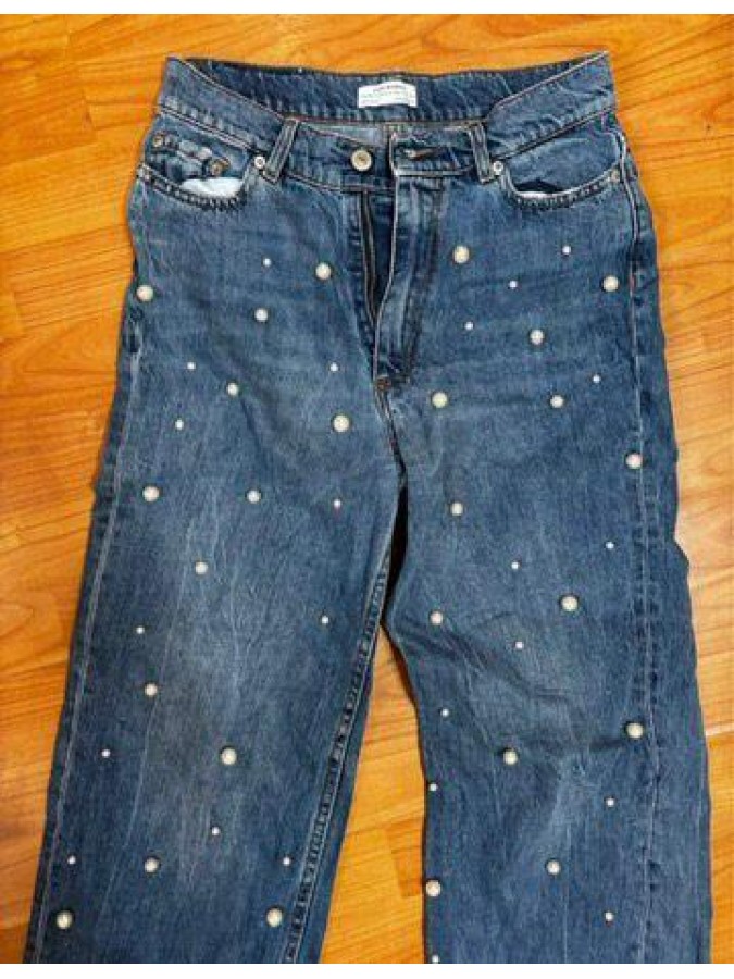 Blugi drepti cu talie inalta si perle Zara