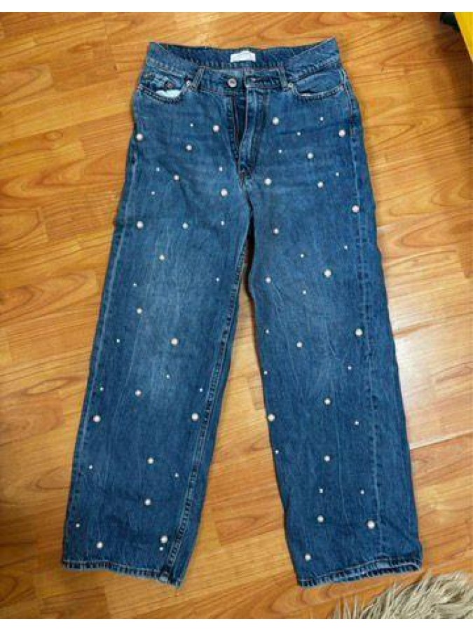 Blugi drepti cu talie inalta si perle Zara