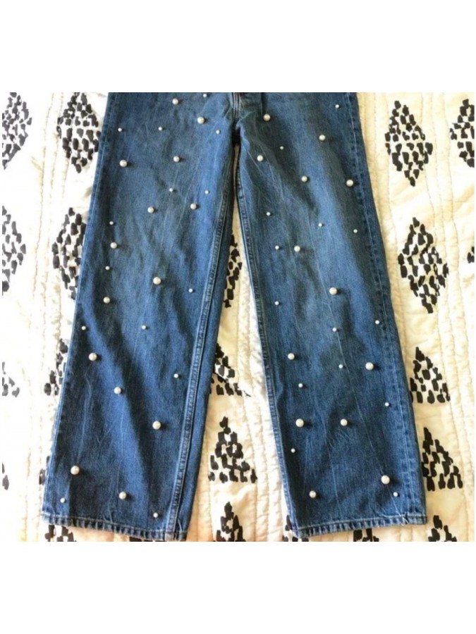 Blugi drepti cu talie inalta si perle Zara