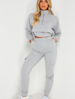 Trening - pantaloni talie inalta + bluza cu fermoar si snur reglabil in talie