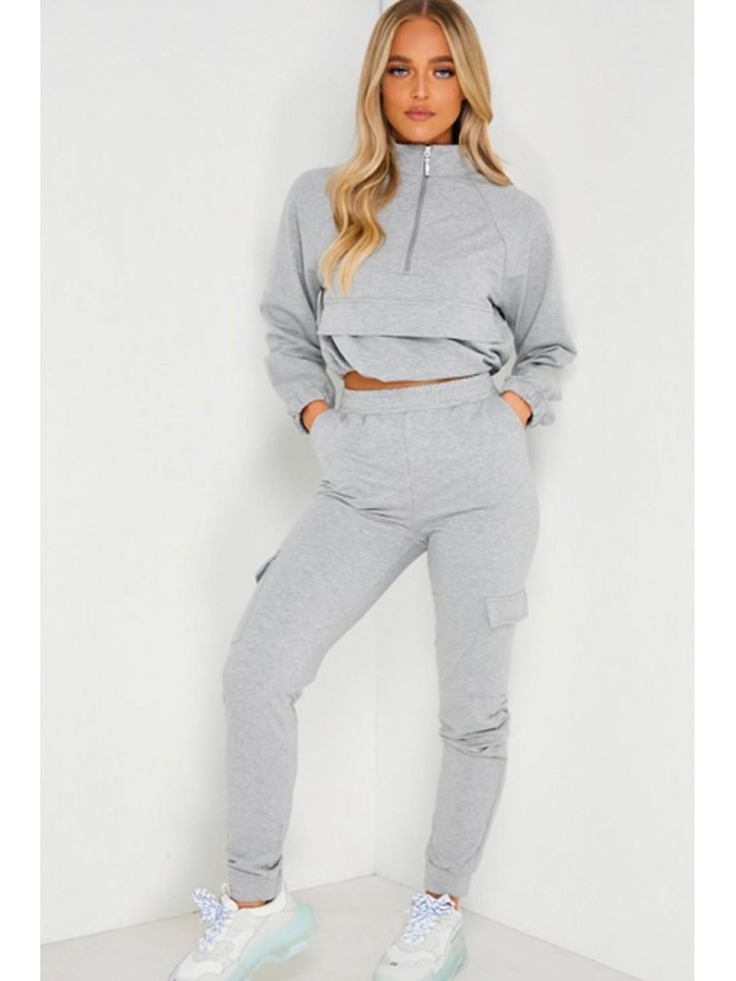 Trening - pantaloni talie inalta + bluza cu fermoar si snur reglabil in talie