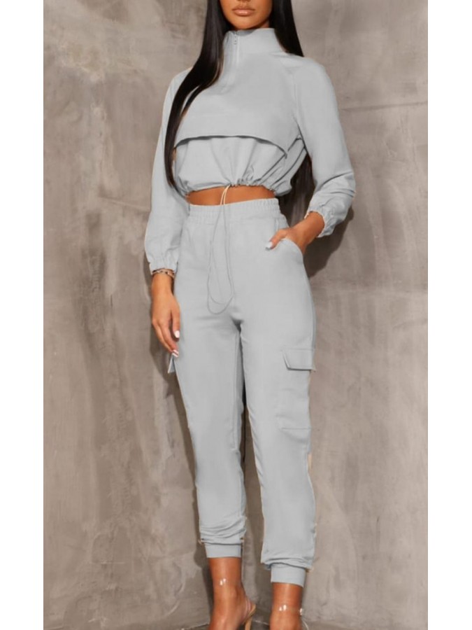 Trening - pantaloni talie inalta + bluza cu fermoar si snur reglabil in talie