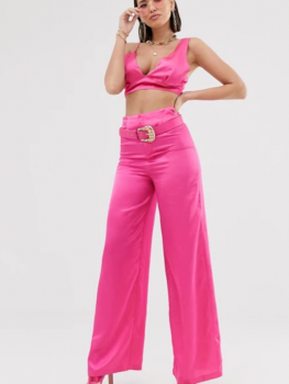 Pantaloni satin evazati cu centura Katchme